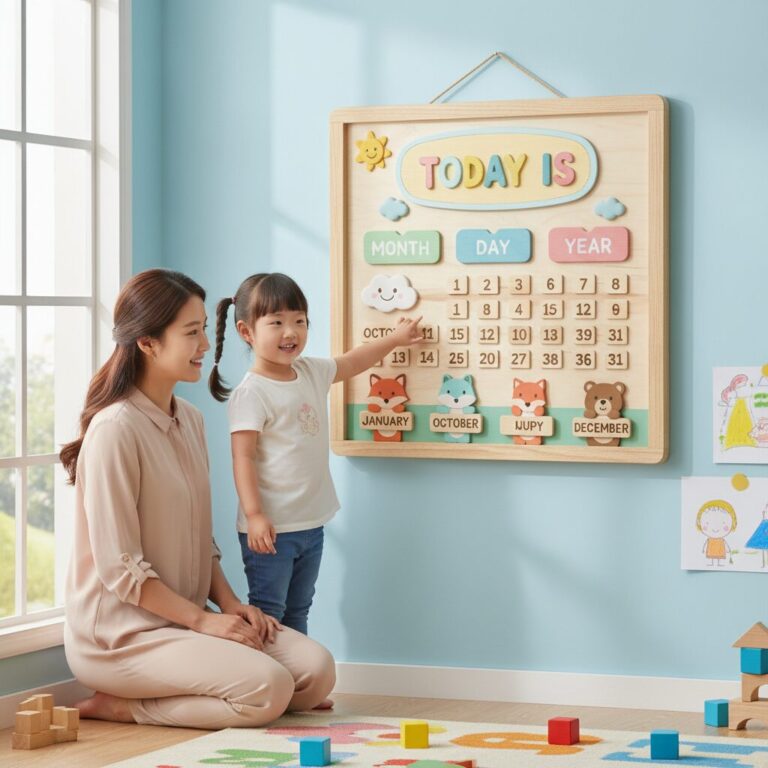 사각형 틀과 밝은 색감으로 제작된 귀여운 유치원 날짜판 예시