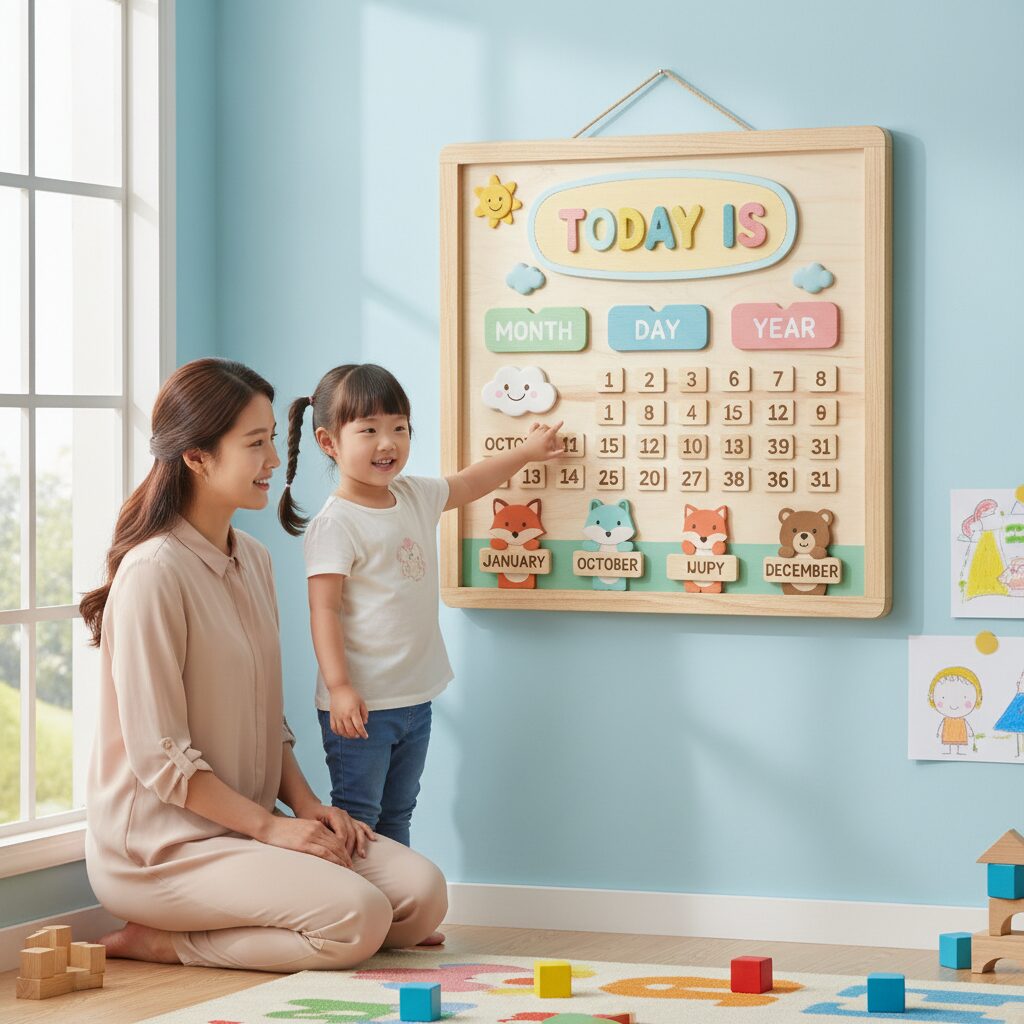유치원 어린이집 새학기 날짜판 준비 방법 사각형 틀과 밝은 색감으로 제작된 귀여운 유치원 날짜판 예시