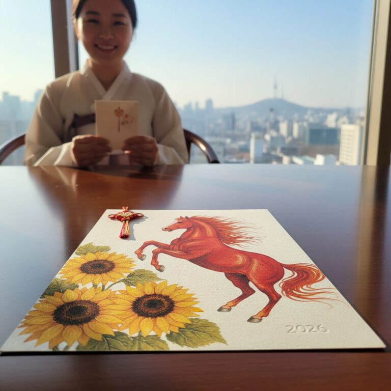 2026년 병오년을 상징하는 붉은 말과 해바라기가 그려진 설날 인사 카드 이미지