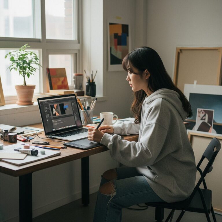 미대생이 노트북으로 디자인 작업하는 모습