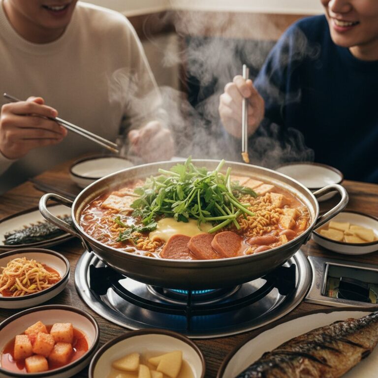 뜨거운 냄비에 담긴 마나리가 풍성하게 들어간 부대찌개