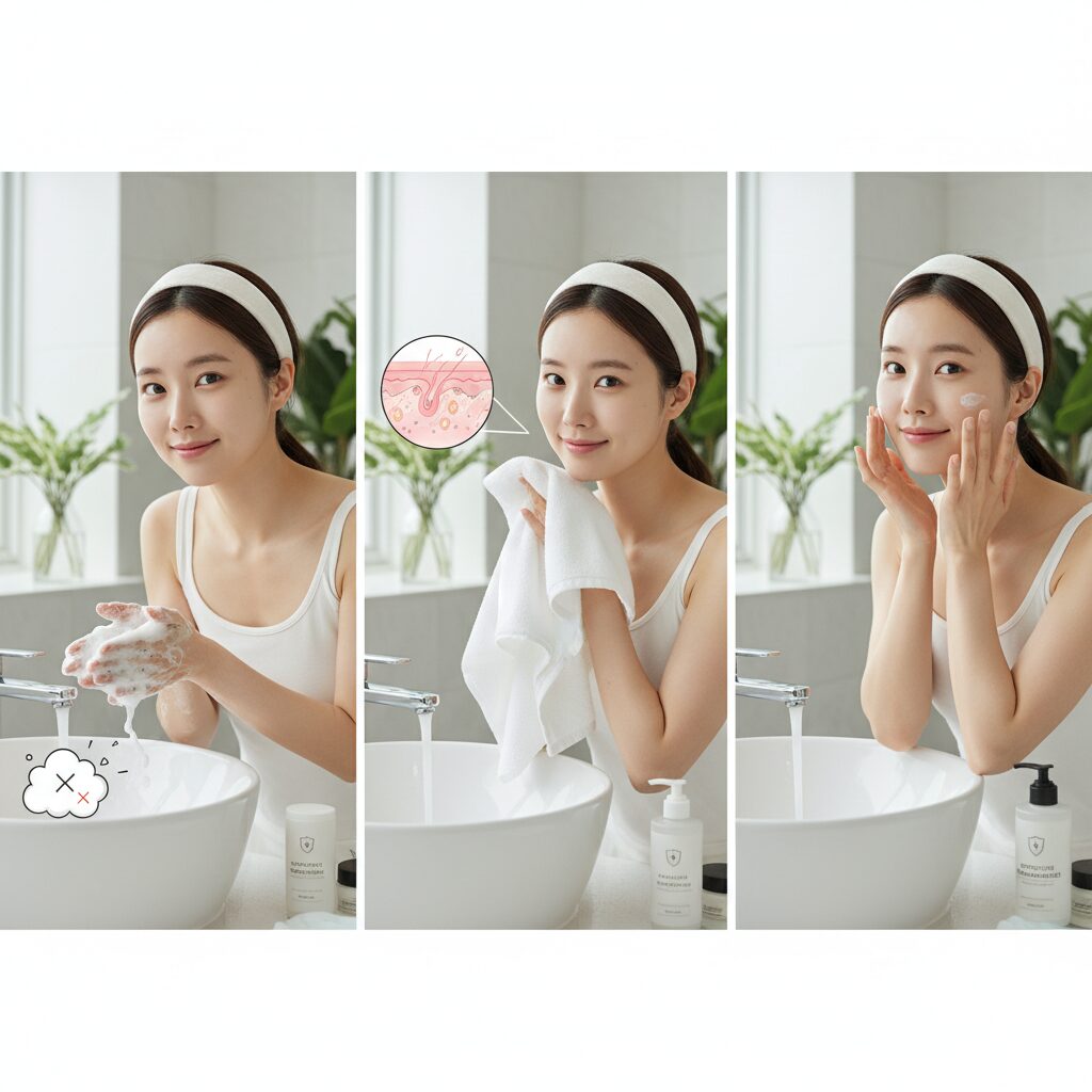 봄철 미세먼지 피부 위협과 확실한 보호 습관 미세먼지로부터 피부를 보호하는 세안과 보습 단계를 그림으로 설명