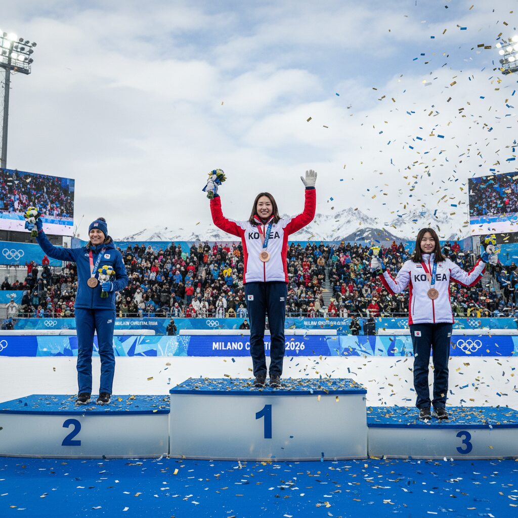 밀라노 동계올림픽에서 동메달을 획득한 유승은 선수의 시상식 모습