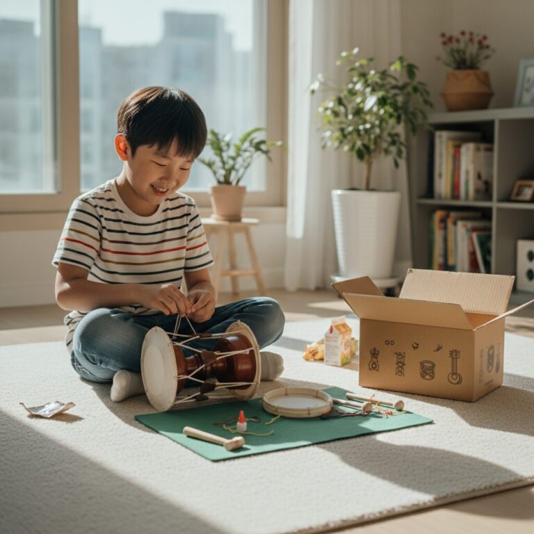 아이가 집에서 미니 장구 만들기 키트를 조립하며 즐거워하는 모습