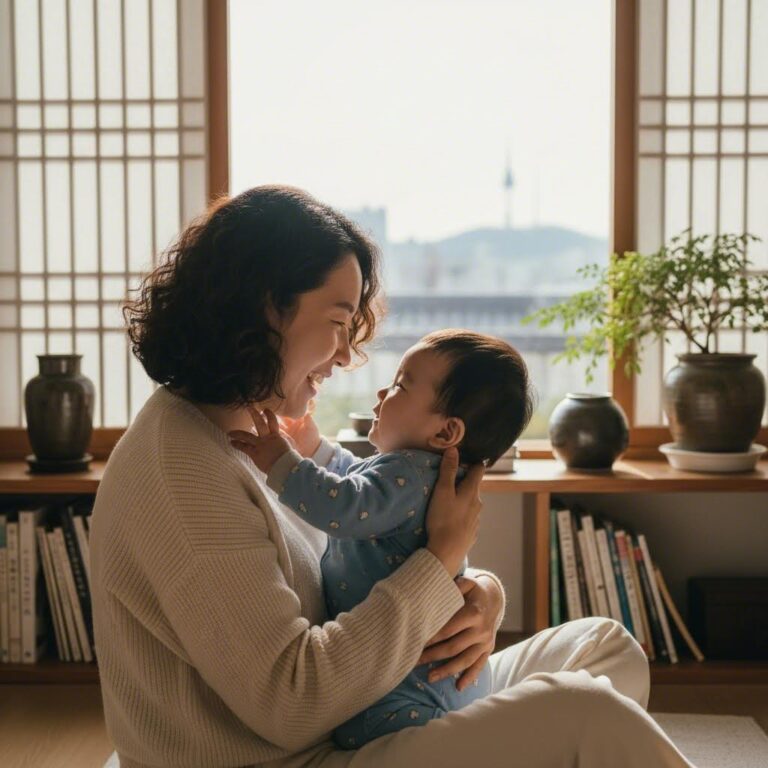 엄마와 아기가 눈을 마주치며 미소 짓고 있는 모습