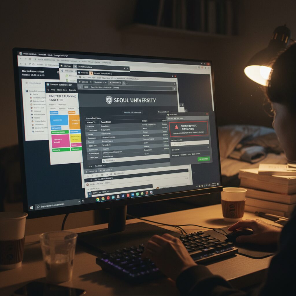 수강신청을 위해 여러 브라우저 창을 띄워 놓은 컴퓨터 모니터 화면