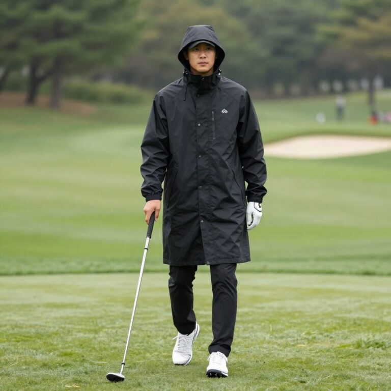 남자가 검정색 고어텍스 바람막이를 입고 골프장에서 포즈를 취하고 있다