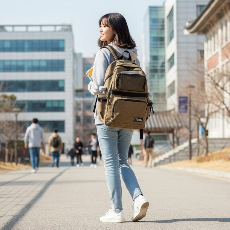 내셔널지오그래픽 파치 플러스 백팩을 착용한 학생의 모습으로 다양한 포켓과 캐리어 홀더 밴드가 보입니다
