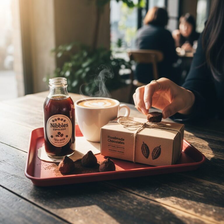 빨간 트레이 위에 놓인 니블스 에스프레소와 수제 초콜릿 패키지