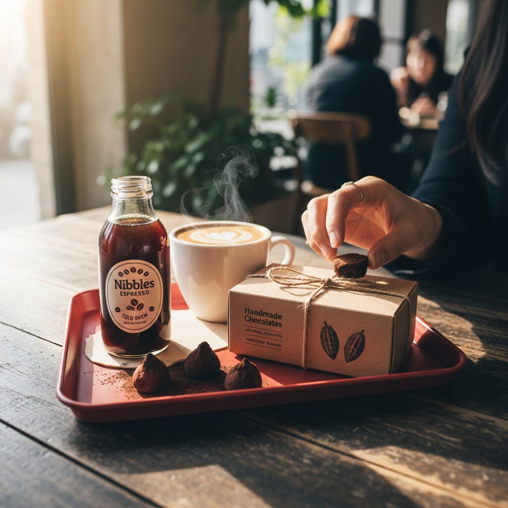 가로수길 니블스와 쿠라우니의 수제 초콜릿 체험기 빨간 트레이 위에 놓인 니블스 에스프레소와 수제 초콜릿 패키지