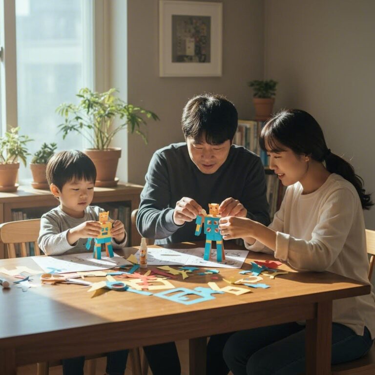 아이와 부모가 함께 테이블에서 종이 로봇 부품을 붙이며 만드는 모습