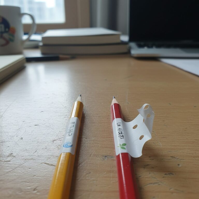 연필에 붙인 두 종류의 네임스티커 비교 사진, 한쪽은 잘 붙어 있고 다른 쪽은 들떠 있음