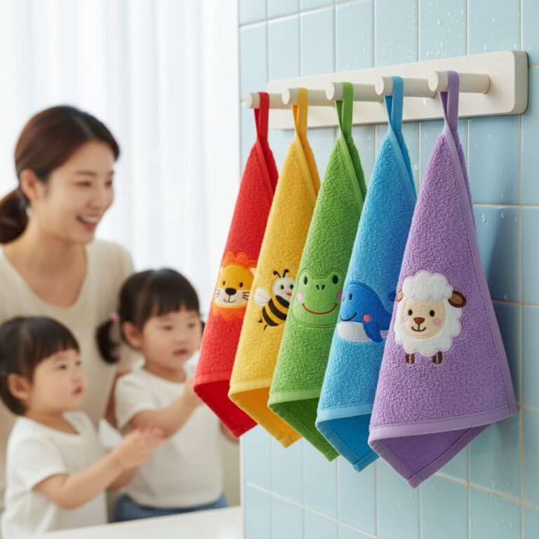 여러 색상의 어린이집 자수 고리수건 세트가 걸려 있는 모습