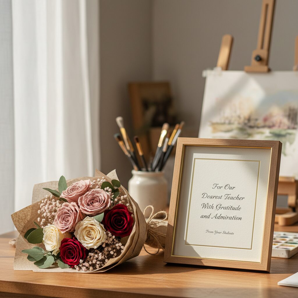 선생님께 드릴 수 있는 시들지 않는 프리저브드 꽃다발과 감사 메시지가 쓰인 액자