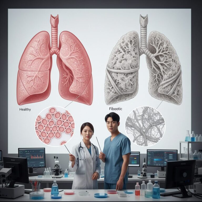 폐 섬유화와 정상 폐 조직을 비교한 개념도