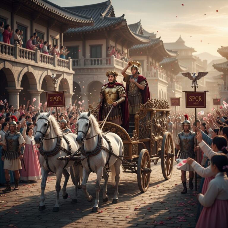 로마 개선식에서 장군이 전차를 타고 행진하는 역사적 재현 장면