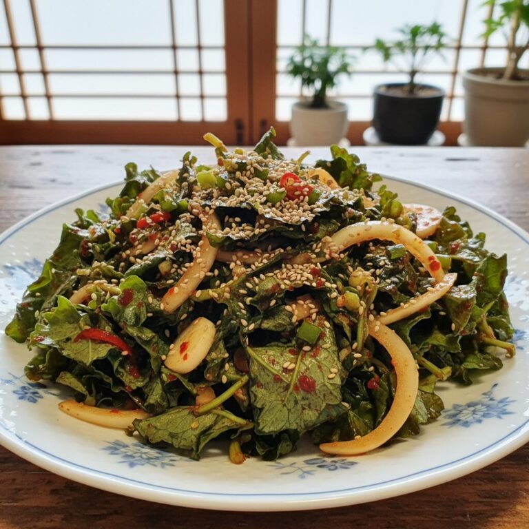 완성된 세발나물무침 겉절이 접시에 고루 담겨 통깨가 뿌려져 있다