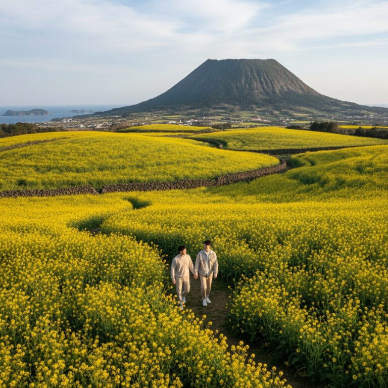 산방산을 배경으로 핀 노란 유채꽃밭 풍경