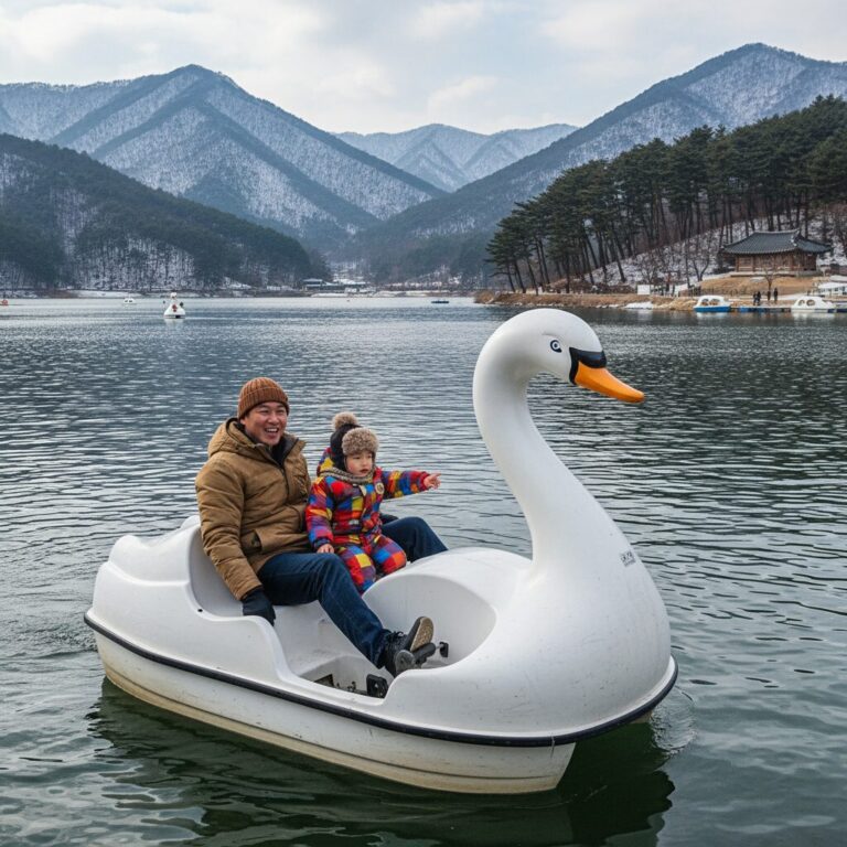 포천 산정호수에서 아이와 함께 오리썰매를 타고 있는 모습