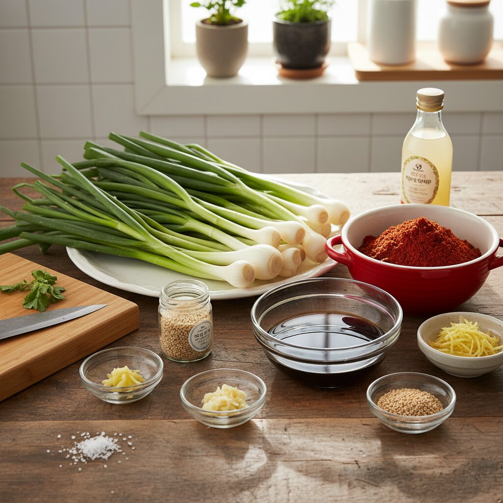 쪽파김치 재료인 쪽파와 양념 재료들이 나란히 놓여 있는 모습