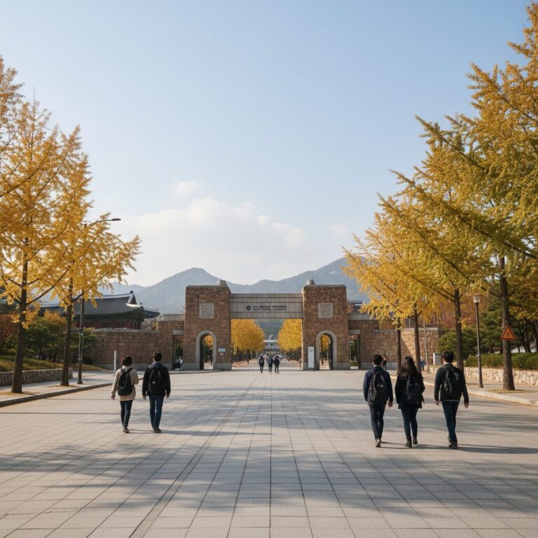 한적한 서울대학교 정문과 넓은 길 풍경