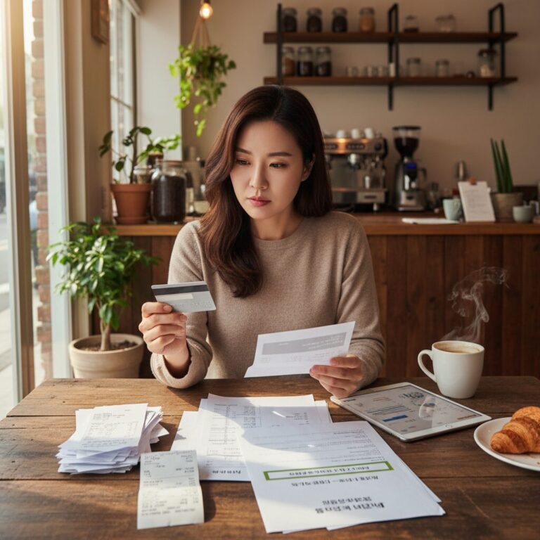 소상공인이 신용카드와 계산서를 보며 고정비 지원을 받는 모습