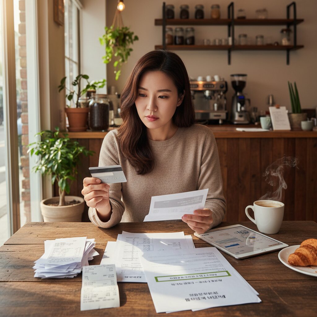 소상공인이 신용카드와 계산서를 보며 고정비 지원을 받는 모습