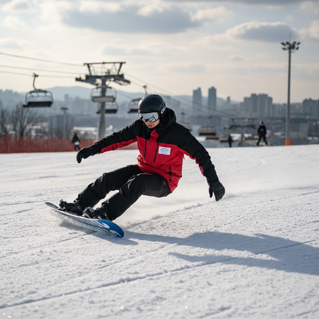 스노보드 티칭1 자격증 취득의 모든 것 스노보드 티칭1 시험 중 카빙롱턴을 수행하는 모습