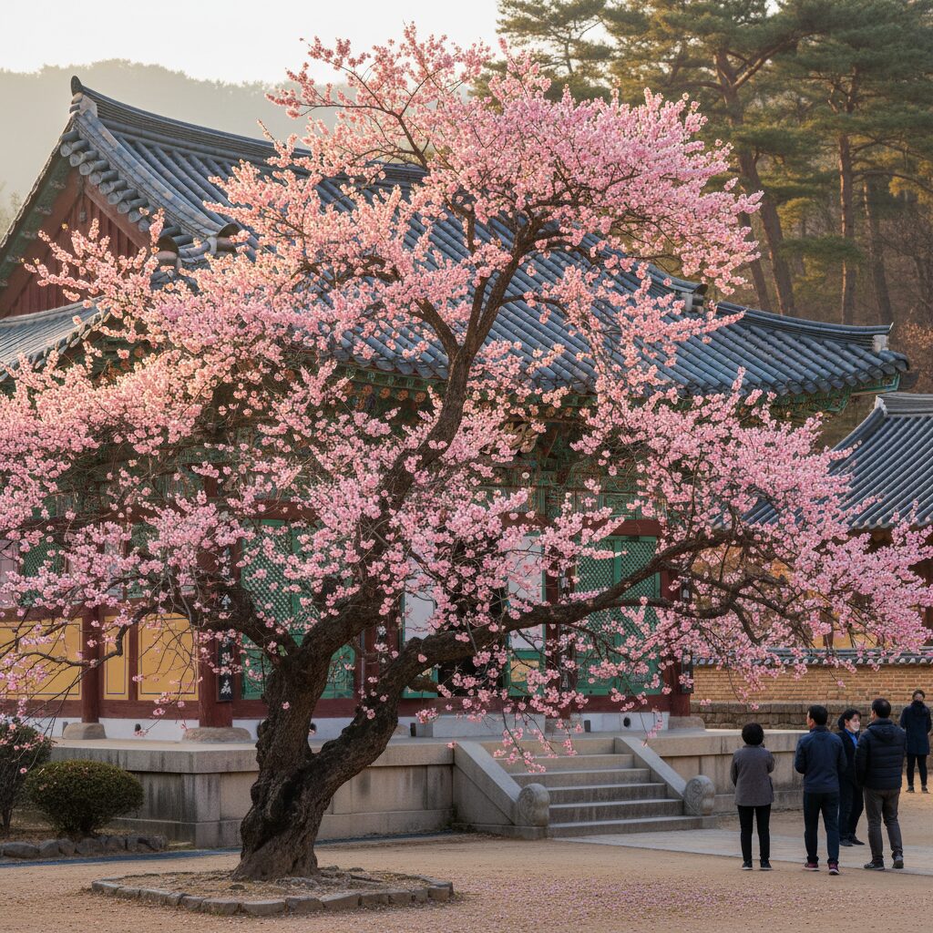 2026년 양산 통도사 봄 여행 자장매와 우담바라 소식 양산 통도사 영각 앞에서 핀 분홍빛 자장매와 전통 기와지붕