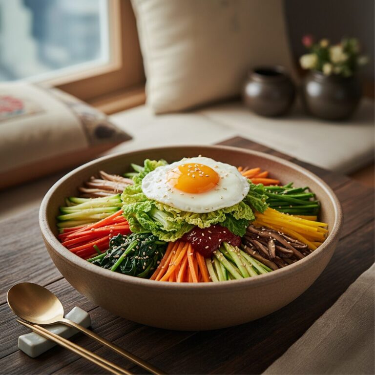 봄동과 다양한 채소가 담긴 비빔밥 접시