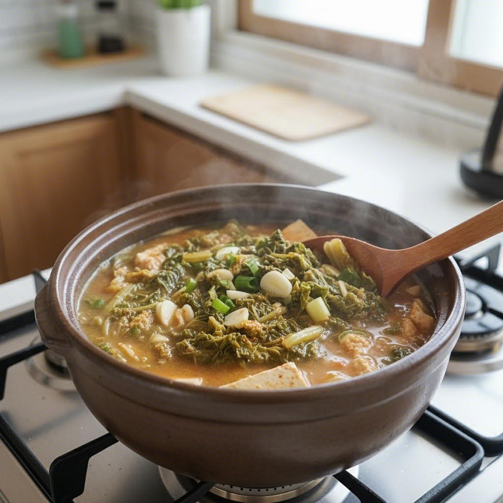 냄비에 끓고 있는 봄동된장국 국물과 채소들