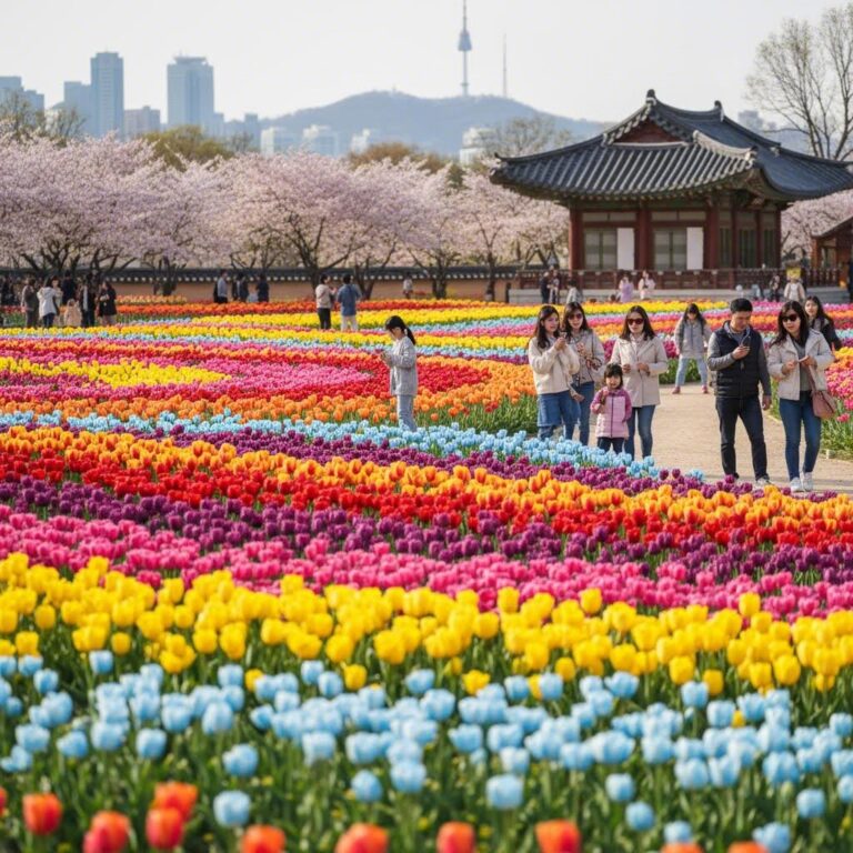 화려한 색깔의 튤립으로 가득 찬 봄 정원 풍경