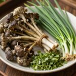 데친 봄나물과 신선한 냉이, 달래, 쑥, 미나리, 취나물이 접시에 담겨 있는 모습