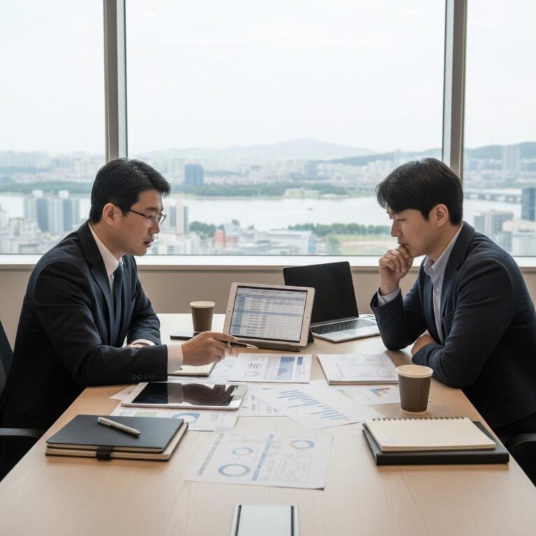 세무사와 법인 대표가 세무조정료 관련 서류를 확인하며 상담하는 모습