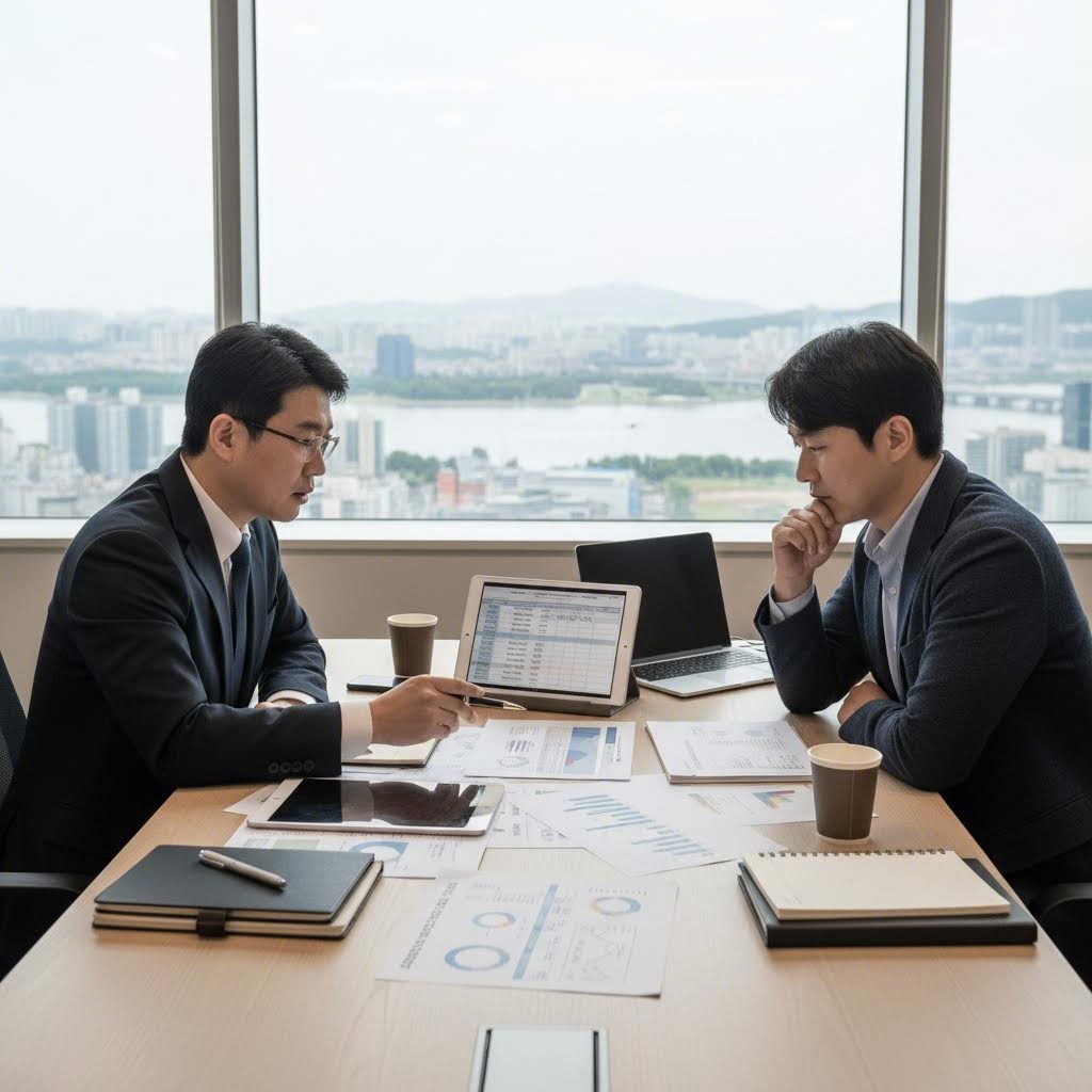 세무사와 법인 대표가 세무조정료 관련 서류를 확인하며 상담하는 모습