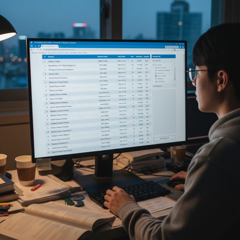 컴퓨터 화면에 펼쳐진 대학교 수강신청 시스템과 다양한 강의 리스트가 보이는 모습