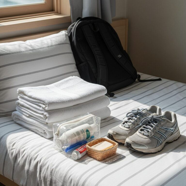 대학 새터 준비물 예시로 수건 운동화 세면도구가 놓여 있다