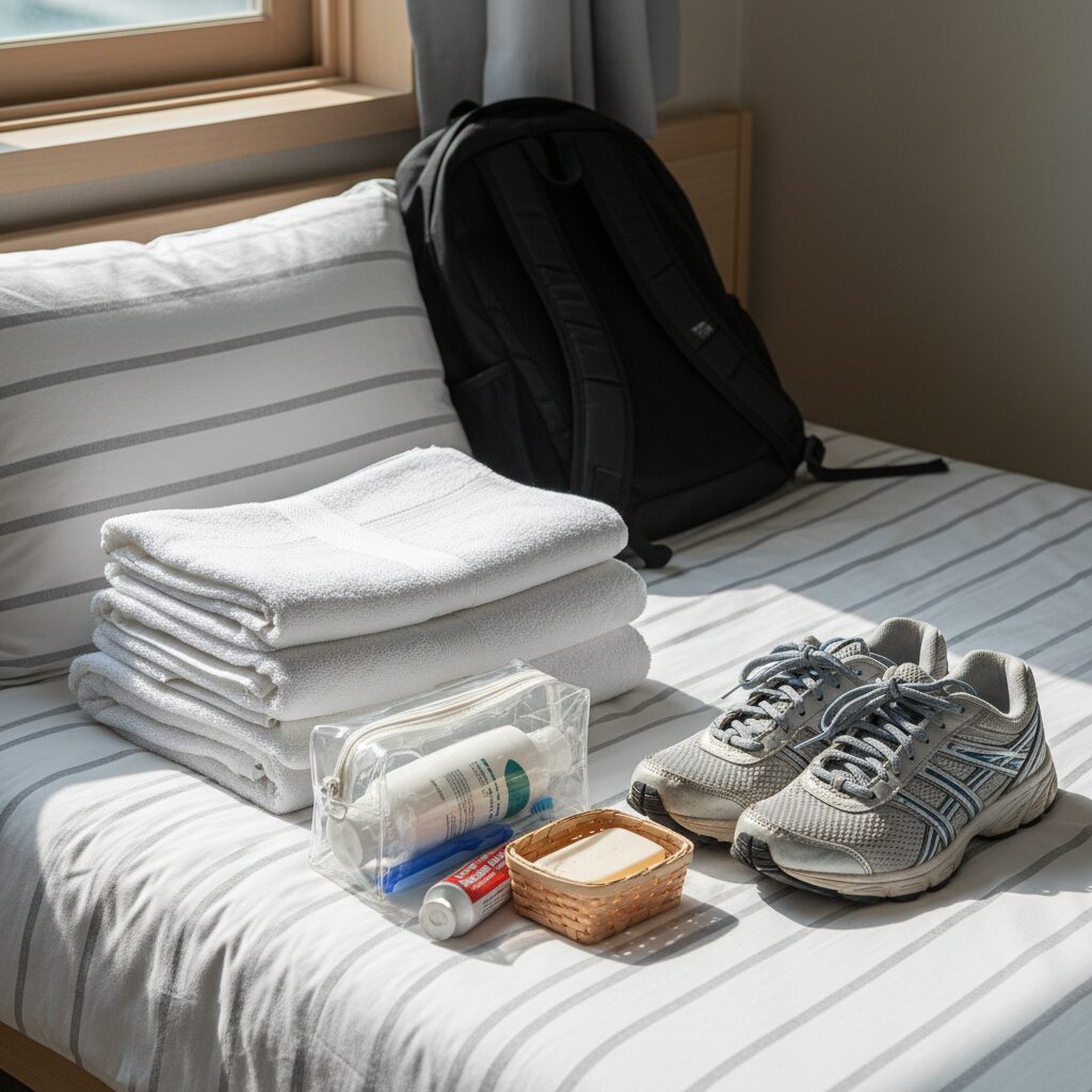 대학 새터 준비물 예시로 수건 운동화 세면도구가 놓여 있다