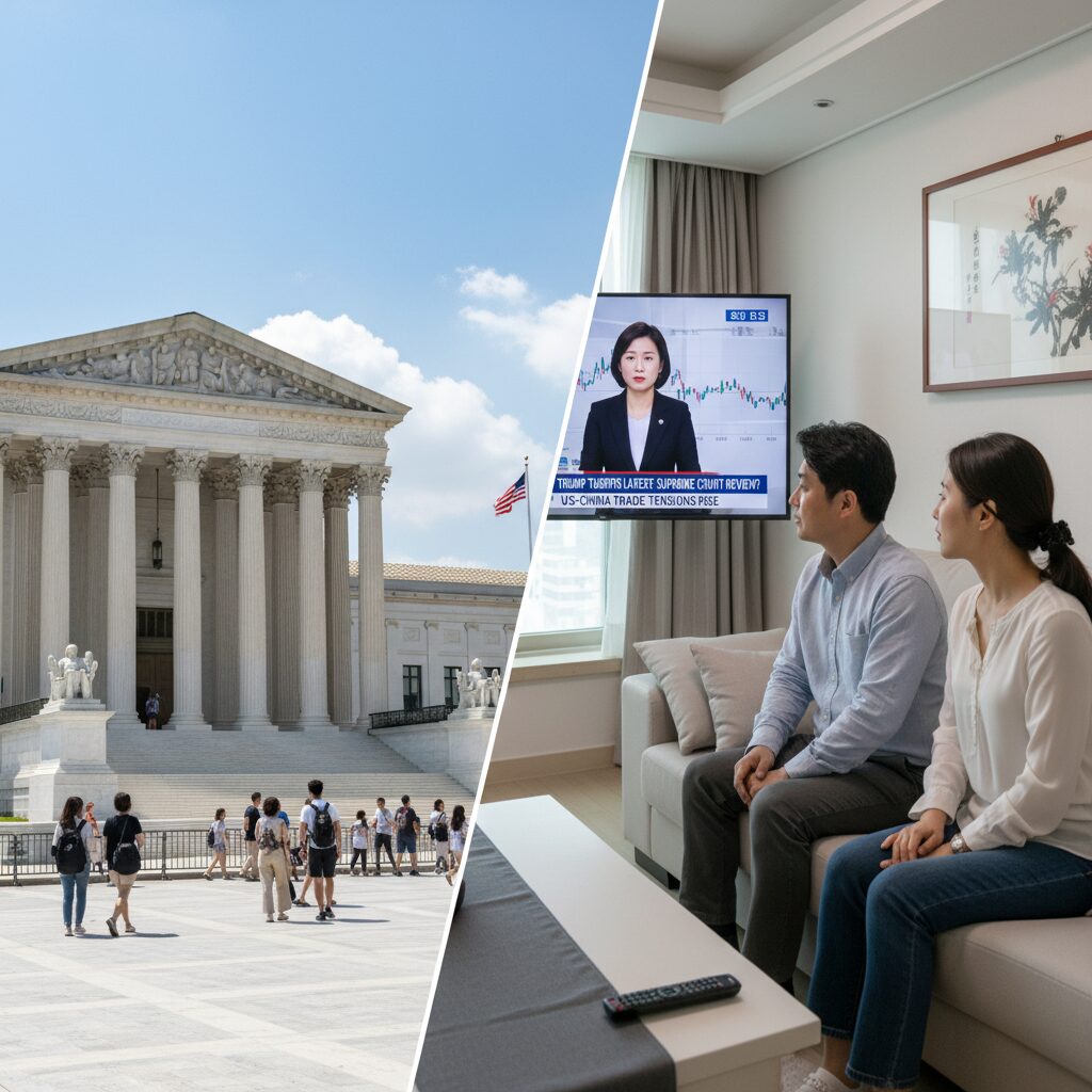 미국 대법원 건물과 트럼프 관세 관련 뉴스 화면이 함께 있는 이미지