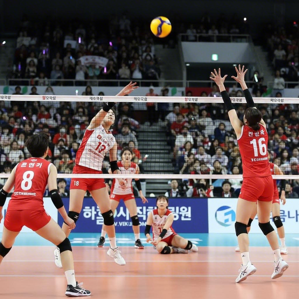 V리그 여자배구 경기에서 플레이하는 선수들의 모습