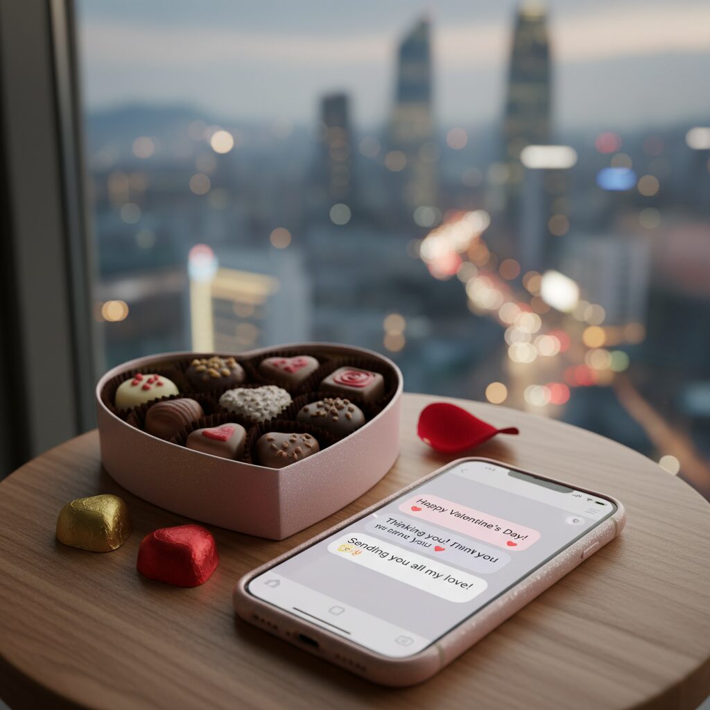 발렌타인데이 카톡 인사말 문구가 적힌 핸드폰과 하트 초콜릿