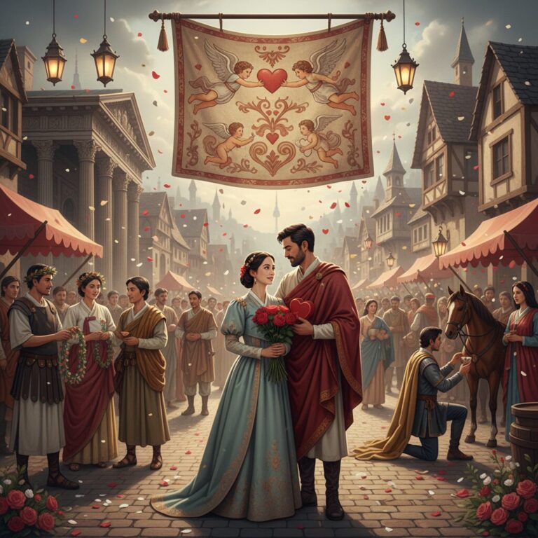 고대 로마 축제와 중세 유럽의 연인 그림이 조화된 발렌타인데이 역사 일러스트