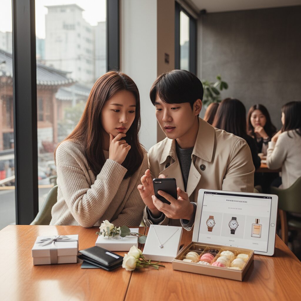 화이트데이 의미와 완벽한 선물 고르기 화이트데이 선물로 고민하는 커플과 다양한 선물 옵션들