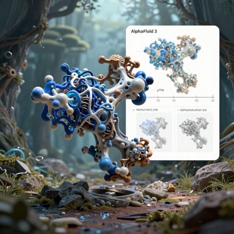 AlphaFold 3 예측 결과의 plDDT 점수와 pTM 점수가 표시된 3D 구조 모델과 상대 위치 오차 비트맵 이미지