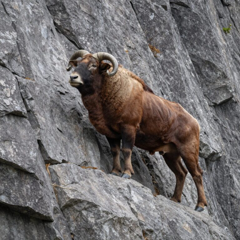 바위산 절벽을 배경으로 서 있는 바바리양의 모습