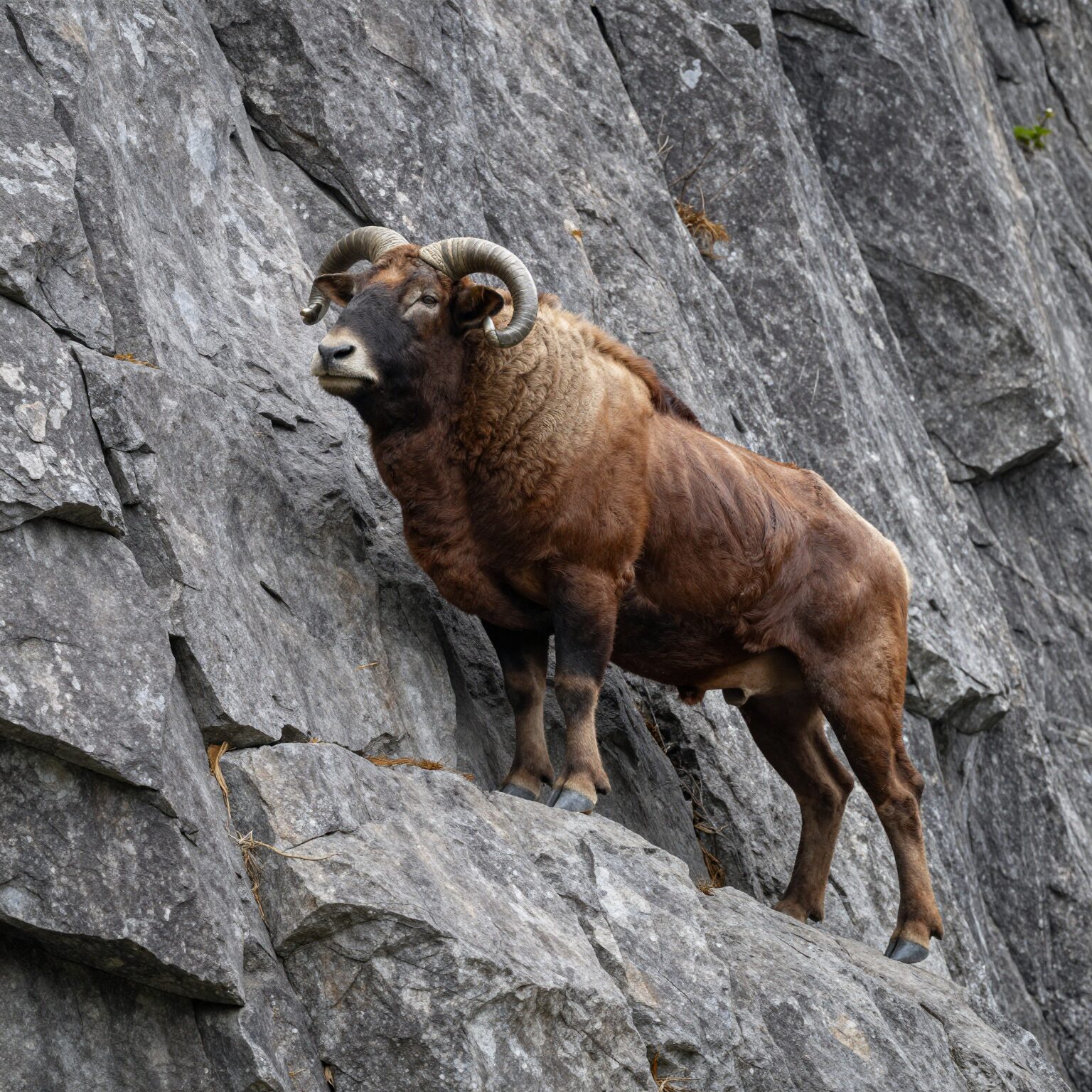 바위산 절벽을 배경으로 서 있는 바바리양의 모습