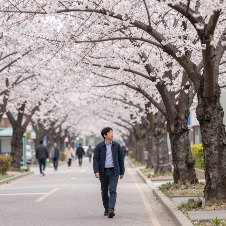 일본 도쿄 거리 벚꽃 나무 아래를 걷는 여행자