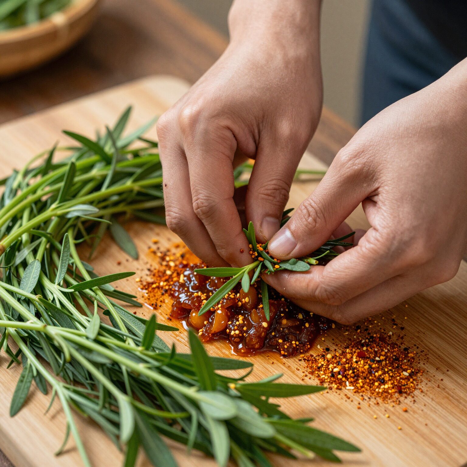 깨끗이 손질된 달래와 간장 고춧가루 등 양념 재료가 준비된 모습