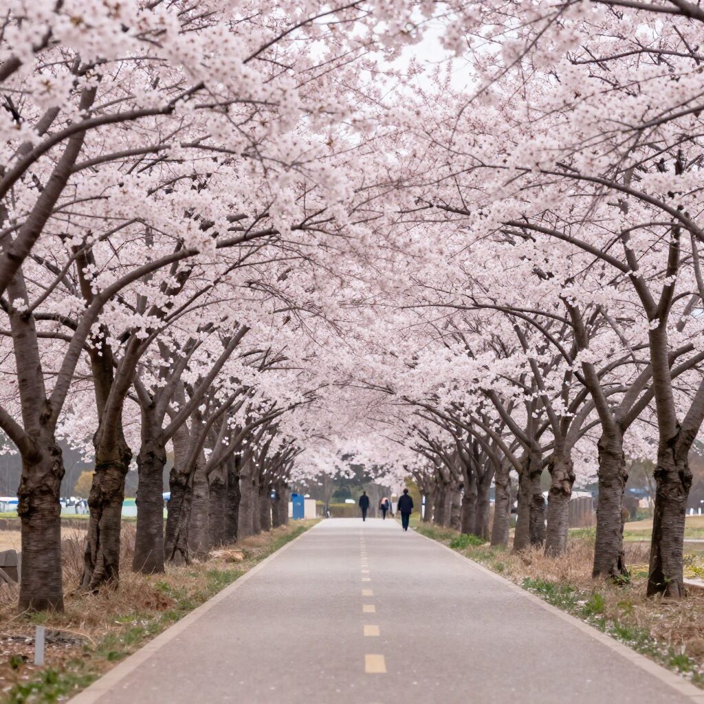단양 벚꽃길에서 핀 분홍색 벚꽃 나무들과 다리 풍경
