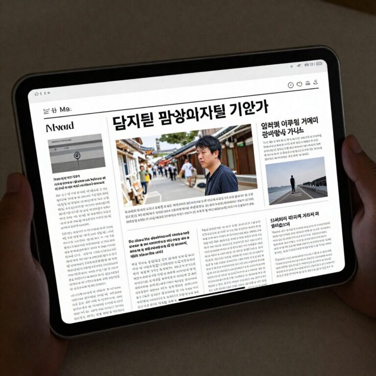 태블릿 화면에 표시된 디지털 신문 기사와 노트 앱 인터페이스